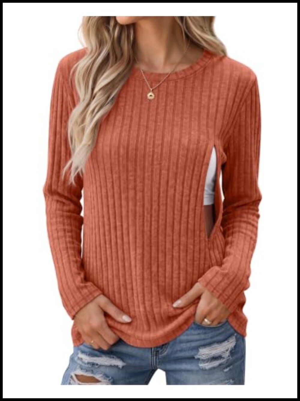 Ribbed Knit Nursing Shirt Long Sleeve Breastfeeding Top Side Zip Maternity